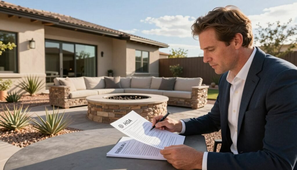 A Caucasian homeowner, dressed in smart casual attire, intently reviews a set of HOA rules while seated beside a modern, planned backyard fire pit, which is surrounded by gravel and a few elegant desert plants. The foreground features a table with the open HOA document and a pen, hinting at thoughtful consideration. In the middle ground, the fire pit is constructed of stone and surrounded by comfortable seating, suggesting a cozy atmosphere for gatherings. In the background, a well-maintained home reflects contemporary architectural style, with a clear blue sky and a few wispy clouds, capturing the sunny ambiance typical of the Phoenix area. The lighting is warm and inviting, casting soft shadows to enhance the tranquil mood of the setting. The angle is slightly elevated, providing a comprehensive view of the scene. A Caucasian homeowner, dressed in smart casual attire, intently reviews a set of HOA rules while seated beside a modern, planned backyard fire pit, which is surrounded by gravel and a few elegant desert plants. The foreground features a table with the open HOA document and a pen, hinting at thoughtful consideration. In the middle ground, the fire pit is constructed of stone and surrounded by comfortable seating, suggesting a cozy atmosphere for gatherings. In the background, a well-maintained home reflects contemporary architectural style, with a clear blue sky and a few wispy clouds, capturing the sunny ambiance typical of the Phoenix area. The lighting is warm and inviting, casting soft shadows to enhance the tranquil mood of the setting. The angle is slightly elevated, providing a comprehensive view of the scene.