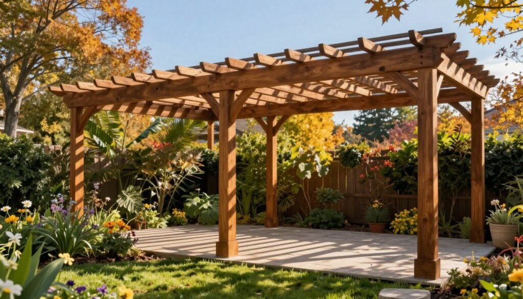 A beautifully designed east-west pergola crafted from rich, warm-toned wood, casting intricate shadows on a polished stone patio as seasonal changes unfold throughout the year. The foreground showcases a lush green garden with vibrant flowers and soft grass illuminated by gentle sunlight. In the middle ground, the pergola's slatted roof allows dappled light to filter through, creating a dynamic interplay of light and shadow. The background features a serene blue sky, subtly transition from warm summer hues to the crisp tones of fall with hints of changing leaves. The atmosphere is tranquil and inviting, capturing the essence of outdoor living and seasonal beauty. The scene is bathed in soft, natural light, with a focus on capturing the rich textures and colors of the materials. A beautifully designed east-west pergola crafted from rich, warm-toned wood, casting intricate shadows on a polished stone patio as seasonal changes unfold throughout the year. The foreground showcases a lush green garden with vibrant flowers and soft grass illuminated by gentle sunlight. In the middle ground, the pergola's slatted roof allows dappled light to filter through, creating a dynamic interplay of light and shadow. The background features a serene blue sky, subtly transition from warm summer hues to the crisp tones of fall with hints of changing leaves. The atmosphere is tranquil and inviting, capturing the essence of outdoor living and seasonal beauty. The scene is bathed in soft, natural light, with a focus on capturing the rich textures and colors of the materials.