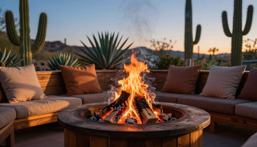 A close-up view of a cozy wood fire pit with glowing embers, sending wisps of smoke spiraling upwards, set against the inviting backdrop of a patio in Phoenix. The foreground features rich wooden seating arranged around the fire pit, with plush cushions in earthy tones. In the middle ground, luscious desert landscaping with cacti and succulents complements the scene, bathed in the warm glow of sunset, casting long shadows. The background showcases a clear blue sky transitioning to twilight, enhancing the serene atmosphere. The image captures the relaxing mood of an evening gathering, with soft lighting and a focus on the gentle flicker of the flames, evoking feelings of warmth and community. A close-up view of a cozy wood fire pit with glowing embers, sending wisps of smoke spiraling upwards, set against the inviting backdrop of a patio in Phoenix. The foreground features rich wooden seating arranged around the fire pit, with plush cushions in earthy tones. In the middle ground, luscious desert landscaping with cacti and succulents complements the scene, bathed in the warm glow of sunset, casting long shadows. The background showcases a clear blue sky transitioning to twilight, enhancing the serene atmosphere. The image captures the relaxing mood of an evening gathering, with soft lighting and a focus on the gentle flicker of the flames, evoking feelings of warmth and community.