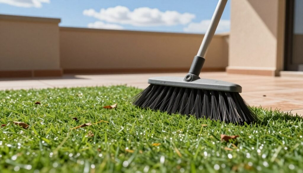 A close-up view of a hand broom sweeping artificial grass on a sunlit Arizona balcony. In the foreground, the hand broom's bristles are sweeping across lush, bright green turf, showing fine details of the grass fibers. In the middle ground, the balcony's tiles are slightly warm from the Arizona sun, with scattered leaves and small debris being swept away. The background captures a clear blue sky with a few fluffy white clouds, highlighting the warmth and brightness of a sunny day. Natural sunlight casts gentle shadows, creating a serene and tidy ambiance. The focus is sharp on the broom and artificial grass, while the background remains softly blurred to emphasize the cleaning action. A close-up view of a hand broom sweeping artificial grass on a sunlit Arizona balcony. In the foreground, the hand broom's bristles are sweeping across lush, bright green turf, showing fine details of the grass fibers. In the middle ground, the balcony's tiles are slightly warm from the Arizona sun, with scattered leaves and small debris being swept away. The background captures a clear blue sky with a few fluffy white clouds, highlighting the warmth and brightness of a sunny day. Natural sunlight casts gentle shadows, creating a serene and tidy ambiance. The focus is sharp on the broom and artificial grass, while the background remains softly blurred to emphasize the cleaning action.