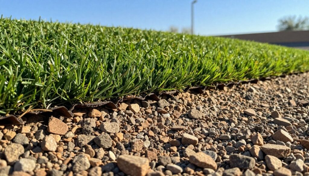 A close-up view of compacted aggregate base graded beneath a vibrant Phoenix synthetic turf putting green. In the foreground, showcase the texture of the crushed stone aggregate, revealing its grains and density. The middle section features the lush, green synthetic grass, its fibers catching the sunlight, highlighting the contrast with the solid base underneath. In the background, a clear blue sky of Phoenix lends a bright, sunny atmosphere, creating an inviting outdoor setting. The lighting is warm and bright, emulating a typical afternoon in Phoenix, with natural shadows enhancing the texture of the ground materials. Capture the scene from a low angle to emphasize the layers of base beneath the turf, illustrating the importance of quality materials for a backyard putting green. A close-up view of compacted aggregate base graded beneath a vibrant Phoenix synthetic turf putting green. In the foreground, showcase the texture of the crushed stone aggregate, revealing its grains and density. The middle section features the lush, green synthetic grass, its fibers catching the sunlight, highlighting the contrast with the solid base underneath. In the background, a clear blue sky of Phoenix lends a bright, sunny atmosphere, creating an inviting outdoor setting. The lighting is warm and bright, emulating a typical afternoon in Phoenix, with natural shadows enhancing the texture of the ground materials. Capture the scene from a low angle to emphasize the layers of base beneath the turf, illustrating the importance of quality materials for a backyard putting green.