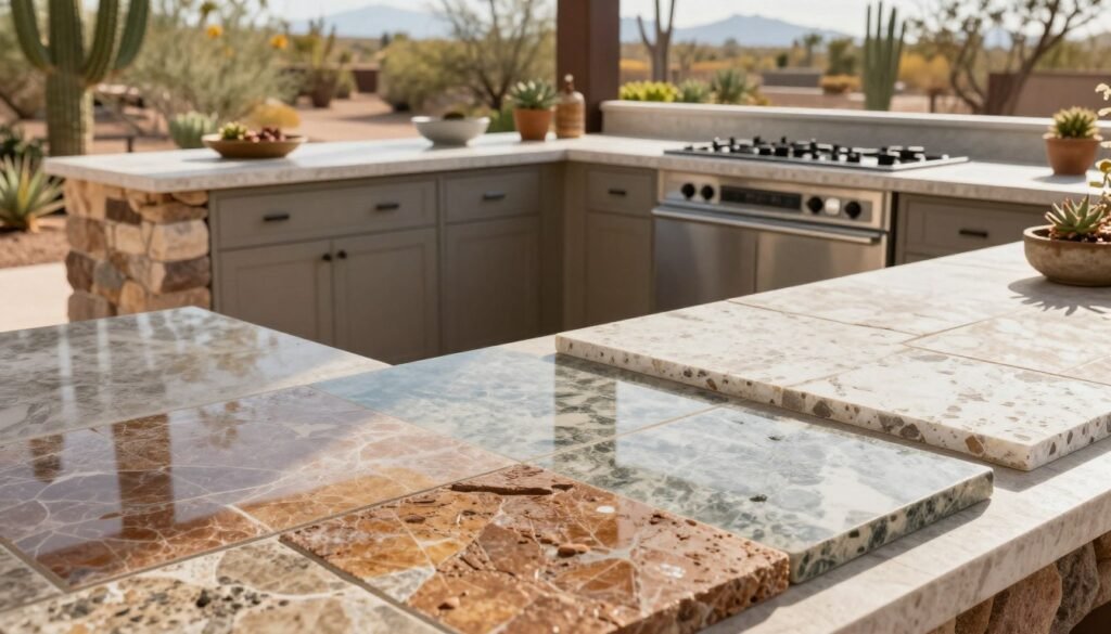 A collection of outdoor surface samples featuring sintered stone and engineered quartz, displayed on a sunlit patio. In the foreground, rich textures of various countertop materials showcase vibrant colors and patterns, reflecting their durability against the Arizona sun. The middle section includes a well-maintained outdoor kitchen setup with natural stone accents, stylish cabinetry, and sleek appliances. In the background, arid desert landscaping with cacti and succulents frames the scene, highlighting an inviting atmosphere. Soft, natural lighting illuminates the surfaces, creating a warm and inviting mood. The angle captures a slightly elevated perspective to emphasize the countertop samples while providing context to the outdoor setting, ensuring a sense of elegance and practicality. A collection of outdoor surface samples featuring sintered stone and engineered quartz, displayed on a sunlit patio. In the foreground, rich textures of various countertop materials showcase vibrant colors and patterns, reflecting their durability against the Arizona sun. The middle section includes a well-maintained outdoor kitchen setup with natural stone accents, stylish cabinetry, and sleek appliances. In the background, arid desert landscaping with cacti and succulents frames the scene, highlighting an inviting atmosphere. Soft, natural lighting illuminates the surfaces, creating a warm and inviting mood. The angle captures a slightly elevated perspective to emphasize the countertop samples while providing context to the outdoor setting, ensuring a sense of elegance and practicality.