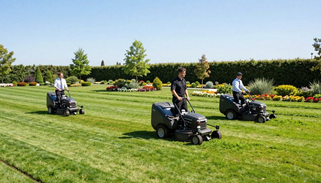 A commercial mowing crew working diligently across a flat, well-manicured property. In the foreground, three professionals, dressed in smart business attire, operate modern, efficient lawnmowers, expertly trimming the vibrant green grass. The middle ground features neat rows of freshly cut turf and carefully maintained flower beds, showcasing colorful blooms and ornamental shrubs, indicative of professional landscaping. In the background, a clear blue sky contrasts with the greenery, allowing for natural sunlight to illuminate the scene, enhancing the crispness of the colors. The atmosphere is lively and industrious, reflecting a dedicated team ensuring an immaculate outdoor space suitable for commercial properties. The image should be shot from a slightly elevated angle to capture the full extent of the landscape and the crew's activity.