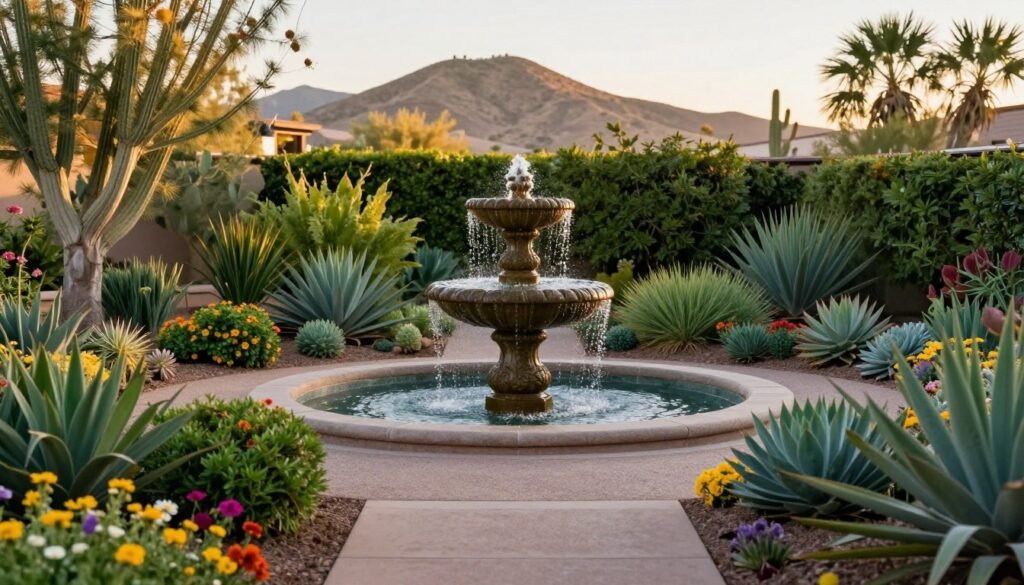 A compact fountain elegantly nestled within a small Scottsdale garden, surrounded by lush, vibrant greenery. The fountain features intricate stone carvings and gently cascades water, creating a peaceful ambiance. In the foreground, colorful desert flowers bloom, accentuating the lushness of the garden, and a smooth gravel path guides the viewer's eye toward the tranquil fountain. The middle ground showcases well-manicured shrubs and a variety of succulents typical of the Scottsdale landscape. In the background, soft desert hills are bathed in warm golden light during the late afternoon, enhancing the serene atmosphere. The scene evokes a sense of calm and relaxation, making it perfect for a personal retreat amid the hustle of everyday life. The image should be framed using a wide-angle lens to capture the full beauty of the garden setting. A compact fountain elegantly nestled within a small Scottsdale garden, surrounded by lush, vibrant greenery. The fountain features intricate stone carvings and gently cascades water, creating a peaceful ambiance. In the foreground, colorful desert flowers bloom, accentuating the lushness of the garden, and a smooth gravel path guides the viewer's eye toward the tranquil fountain. The middle ground showcases well-manicured shrubs and a variety of succulents typical of the Scottsdale landscape. In the background, soft desert hills are bathed in warm golden light during the late afternoon, enhancing the serene atmosphere. The scene evokes a sense of calm and relaxation, making it perfect for a personal retreat amid the hustle of everyday life. The image should be framed using a wide-angle lens to capture the full beauty of the garden setting.