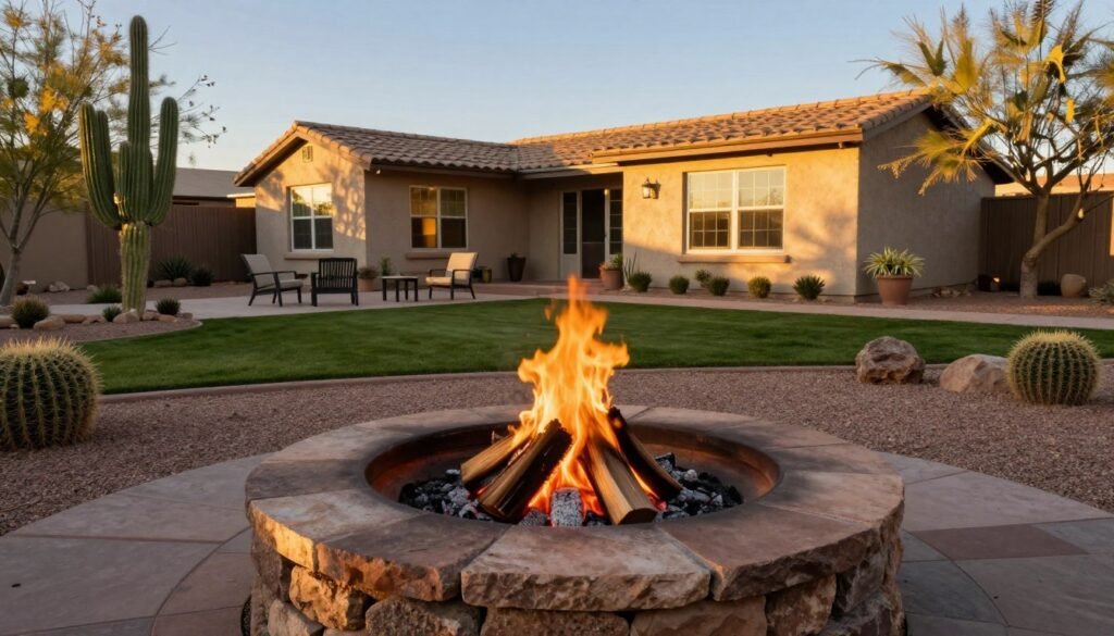A cozy outdoor fire pit situated in a backyard of a charming Phoenix home, surrounded by a dry desert landscape that reflects the burn restriction day atmosphere. In the foreground, the fire pit features a neat circle of stones with glowing embers and a few gas logs subtly visible, signifying a safe alternative to wood burning. The middle ground includes a well-maintained lawn and patio space adorned with modest patio furniture. In the background, the Phoenix home is tastefully decorated with desert landscaping, showcasing cacti and native plants against a clear blue sky. The scene is bathed in warm, golden sunset lighting, creating a tranquil and inviting mood, while ensuring a safe and compliant depiction of the setting. No people are present, focusing solely on the serene outdoor environment. A cozy outdoor fire pit situated in a backyard of a charming Phoenix home, surrounded by a dry desert landscape that reflects the burn restriction day atmosphere. In the foreground, the fire pit features a neat circle of stones with glowing embers and a few gas logs subtly visible, signifying a safe alternative to wood burning. The middle ground includes a well-maintained lawn and patio space adorned with modest patio furniture. In the background, the Phoenix home is tastefully decorated with desert landscaping, showcasing cacti and native plants against a clear blue sky. The scene is bathed in warm, golden sunset lighting, creating a tranquil and inviting mood, while ensuring a safe and compliant depiction of the setting. No people are present, focusing solely on the serene outdoor environment.