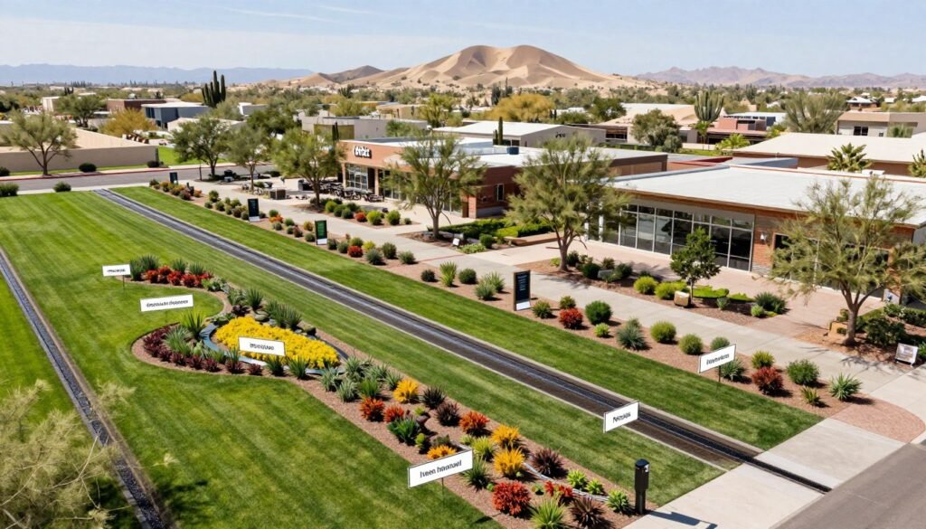 A detailed landscape design plan showcasing irrigation and drainage zones in a commercial setting. In the foreground, colorful planting beds are indicated with clear labels, alongside various types of irrigation systems and drainage ditches in a lush green environment. The middle layer features neatly designed pathways interspersed with signage for each zone, leading to areas for restaurants and offices, with trees and shrubs artistically placed. In the background, a stylized rendering of a desert landscape characterizes the Tempe and Scottsdale area, with gentle hills and sparse foliage, under bright, natural lighting. The mood is professional and inviting, perfect for a business-focused audience, with a top-down architectural view accentuating the well-organized layout of elements in the design.