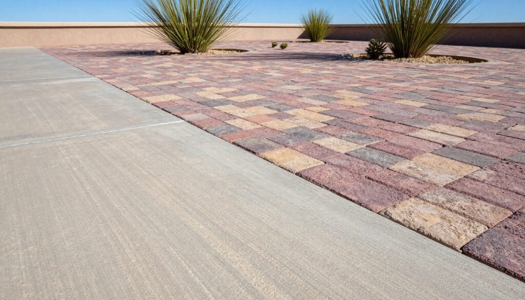 A detailed landscape showcasing a concrete slab and paver patio, emphasizing the differences in surface aging due to exposure to the Arizona heat. In the foreground, create a textured concrete slab exhibiting cracks and weathered patterns, contrasted by a vibrant paver patio with visible fading and color variations. In the middle ground, include scattered small desert plants, casting long shadows in the bright sunlight. The background should showcase a clear blue sky, enhancing the harshness of the environment. Use natural daylight to highlight the textures and colors, capturing the essence of durability and wear. The mood should be informative and sharp, with a focus on clarity for educational purposes. Frame the scene with an angle that offers a broad perspective of both surfaces, ensuring professional quality and attention to detail. A detailed landscape showcasing a concrete slab and paver patio, emphasizing the differences in surface aging due to exposure to the Arizona heat. In the foreground, create a textured concrete slab exhibiting cracks and weathered patterns, contrasted by a vibrant paver patio with visible fading and color variations. In the middle ground, include scattered small desert plants, casting long shadows in the bright sunlight. The background should showcase a clear blue sky, enhancing the harshness of the environment. Use natural daylight to highlight the textures and colors, capturing the essence of durability and wear. The mood should be informative and sharp, with a focus on clarity for educational purposes. Frame the scene with an angle that offers a broad perspective of both surfaces, ensuring professional quality and attention to detail.