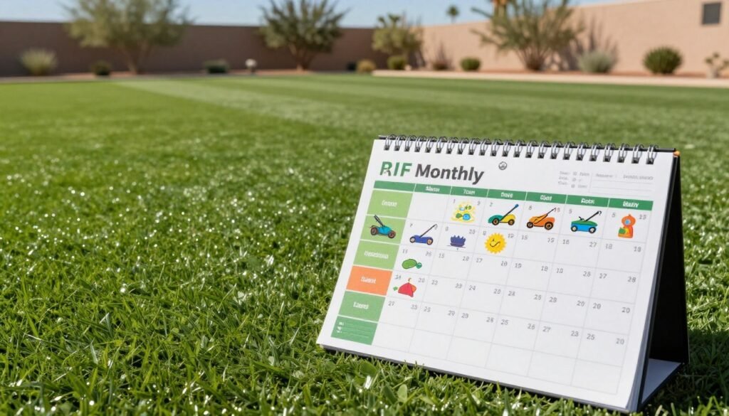 A detailed monthly turf maintenance calendar positioned prominently beside an immaculate, lush green artificial lawn in Arizona. In the foreground, the calendar displays various tasks such as mowing, cleaning, and yearly treatments, illustrated with vibrant colors and clear icons for each activity. The middle ground features the well-maintained Arizona lawn, showcasing its rich, uniform texture under the bright midday sun. In the background, there are hints of desert landscaping, including low, drought-resistant plants and a clear blue sky, enhancing the Arizona atmosphere. The scene is captured from a slightly elevated angle, highlighting the contrast between the meticulous calendar and the pristine lawn, creating a feeling of organization and professionalism. The lighting is bright and warm, evoking a sense of care and dedication to lawn maintenance. A detailed monthly turf maintenance calendar positioned prominently beside an immaculate, lush green artificial lawn in Arizona. In the foreground, the calendar displays various tasks such as mowing, cleaning, and yearly treatments, illustrated with vibrant colors and clear icons for each activity. The middle ground features the well-maintained Arizona lawn, showcasing its rich, uniform texture under the bright midday sun. In the background, there are hints of desert landscaping, including low, drought-resistant plants and a clear blue sky, enhancing the Arizona atmosphere. The scene is captured from a slightly elevated angle, highlighting the contrast between the meticulous calendar and the pristine lawn, creating a feeling of organization and professionalism. The lighting is bright and warm, evoking a sense of care and dedication to lawn maintenance.