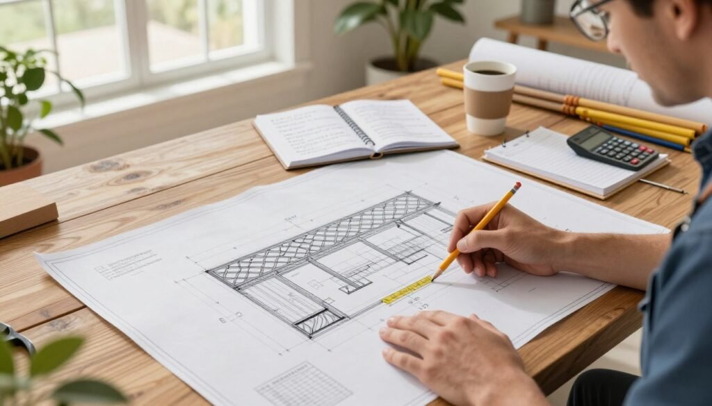 A detailed pergola construction plan spread out on a large wooden table, with architectural blueprints featuring a stylish design. In the foreground, a pair of hands in professional attire grasp a pencil, highlighting important measurements on the plans. The middle layer shows an open notebook with notes and a calculator beside a coffee cup, indicating thoughtful preparation. In the background, a bright and airy workspace with natural light filtering through large windows, showcasing plants and construction materials neatly organized. The atmosphere is one of focused professionalism, inviting contemplation and planning, with an emphasis on quality and detail in pergola installation before the Scottsdale project. The scene is captured from a top-down angle, providing a clear view of the plans and workspace. A detailed pergola construction plan spread out on a large wooden table, with architectural blueprints featuring a stylish design. In the foreground, a pair of hands in professional attire grasp a pencil, highlighting important measurements on the plans. The middle layer shows an open notebook with notes and a calculator beside a coffee cup, indicating thoughtful preparation. In the background, a bright and airy workspace with natural light filtering through large windows, showcasing plants and construction materials neatly organized. The atmosphere is one of focused professionalism, inviting contemplation and planning, with an emphasis on quality and detail in pergola installation before the Scottsdale project. The scene is captured from a top-down angle, providing a clear view of the plans and workspace.