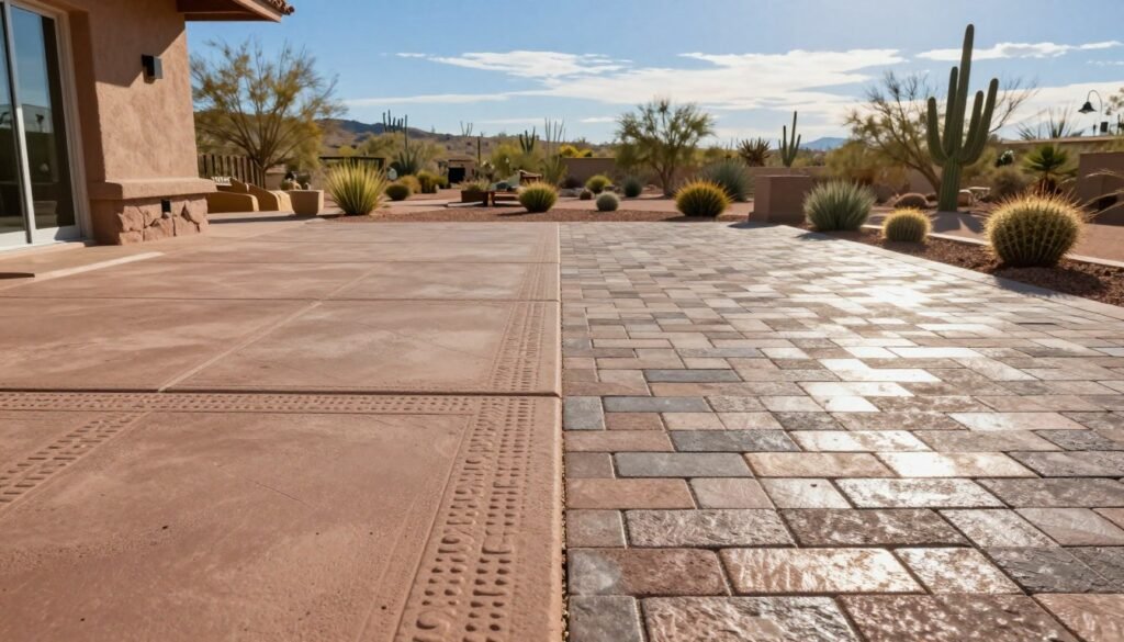 A detailed side-by-side comparison of a Phoenix patio featuring stamped concrete on one side and pavers on the other. In the foreground, showcase a close-up of textured stamped concrete with intricate patterns and a rich, earthy color palette reflecting the Arizona sun. On the opposite side, depict variously colored pavers, arranged in a sleek, geometric design, glinting in the bright light. The middle ground should present the entire patio scene set against a vibrant desert landscape with cacti and arid plants. In the background, include a bright blue sky with a few wispy clouds. The scene should be bathed in warm sunlight to emphasize the materials' durability. The atmosphere is professional, inviting, and informative, with no human subjects present. A detailed side-by-side comparison of a Phoenix patio featuring stamped concrete on one side and pavers on the other. In the foreground, showcase a close-up of textured stamped concrete with intricate patterns and a rich, earthy color palette reflecting the Arizona sun. On the opposite side, depict variously colored pavers, arranged in a sleek, geometric design, glinting in the bright light. The middle ground should present the entire patio scene set against a vibrant desert landscape with cacti and arid plants. In the background, include a bright blue sky with a few wispy clouds. The scene should be bathed in warm sunlight to emphasize the materials' durability. The atmosphere is professional, inviting, and informative, with no human subjects present.