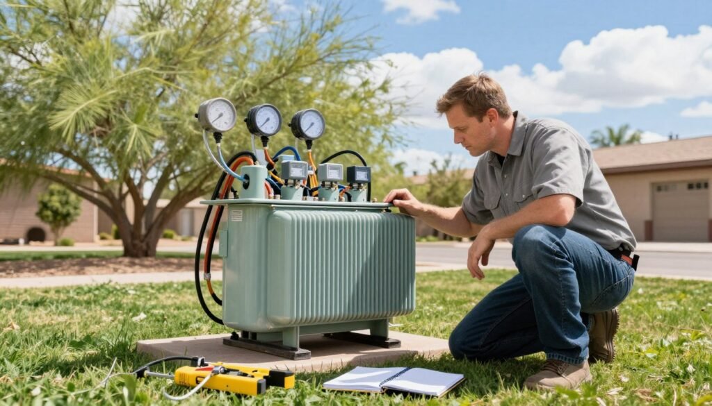A low-voltage transformer and electrical fixtures being carefully checked outdoors, showcasing a white male technician in professional attire inspecting the equipment. In the foreground, tools and a notebook lie on the grass, with meter readings visible while the technician focuses on the transformer. The middle ground features the well-structured transformer station with wires and fixtures connected, surrounded by lush greenery typical of Tempe, AZ. In the background, a bright blue sky with a few fluffy clouds enhances the outdoor setting, casting soft shadows across the scene. The mood is professional and focused, illuminated by natural daylight, capturing an informative atmosphere ideal for landscape lighting assessment. A low-voltage transformer and electrical fixtures being carefully checked outdoors, showcasing a white male technician in professional attire inspecting the equipment. In the foreground, tools and a notebook lie on the grass, with meter readings visible while the technician focuses on the transformer. The middle ground features the well-structured transformer station with wires and fixtures connected, surrounded by lush greenery typical of Tempe, AZ. In the background, a bright blue sky with a few fluffy clouds enhances the outdoor setting, casting soft shadows across the scene. The mood is professional and focused, illuminated by natural daylight, capturing an informative atmosphere ideal for landscape lighting assessment.
