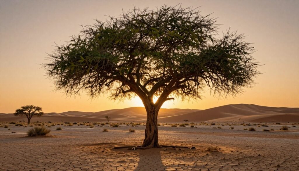A majestic Ironwood tree stands resilient in the foreground, its gnarled branches stretching wide, lush green leaves contrasting against the parched earth. The midground showcases cracked, dry soil, interspersed with patches of sparse vegetation. In the background, a vast desert landscape unfolds, with rolling sand dunes gently lit by the warm glow of a late afternoon sun, casting long shadows. The sky above is a brilliant gradient of oranges and yellows, evoking a sense of serenity and resilience in this harsh environment. The scene captures the essence of a lone Ironwood tree thriving where few can, embodying strength and adaptability. The composition is shot at eye level, creating an intimate perspective on this striking contrast of life amidst desolation, inviting the viewer to contemplate nature's persistence. A majestic Ironwood tree stands resilient in the foreground, its gnarled branches stretching wide, lush green leaves contrasting against the parched earth. The midground showcases cracked, dry soil, interspersed with patches of sparse vegetation. In the background, a vast desert landscape unfolds, with rolling sand dunes gently lit by the warm glow of a late afternoon sun, casting long shadows. The sky above is a brilliant gradient of oranges and yellows, evoking a sense of serenity and resilience in this harsh environment. The scene captures the essence of a lone Ironwood tree thriving where few can, embodying strength and adaptability. The composition is shot at eye level, creating an intimate perspective on this striking contrast of life amidst desolation, inviting the viewer to contemplate nature's persistence.