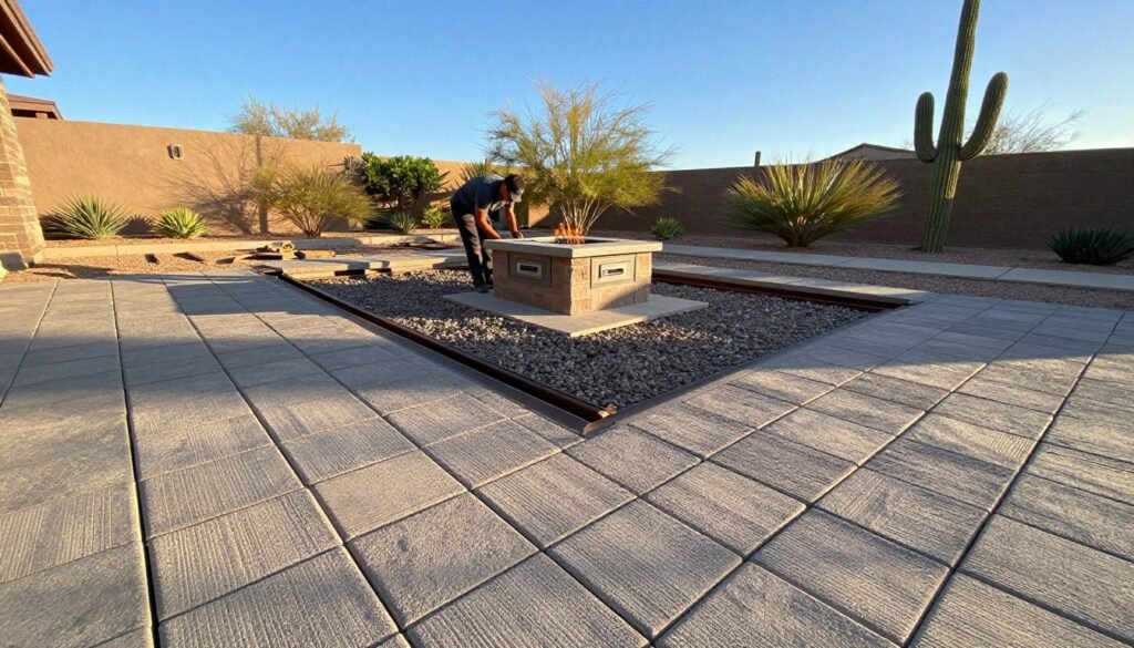 A meticulously prepared landscape showcasing a paver base and drainage system designed for a gas fire pit in a Phoenix backyard. In the foreground, neatly arranged square pavers are laid out, revealing their textured surface. In the middle ground, a professional installation worker in casual clothing is ensuring precision in the drainage setup, with pipes and gravel visible. The background highlights a clear blue sky and the sparse desert landscape typical of Phoenix, featuring cacti and arid plants. The scene is warmly lit by the afternoon sun, creating a vibrant yet serene atmosphere. The angle captures a slightly elevated view, emphasizing both the fire pit's preparation and the beauty of the surrounding environment. A meticulously prepared landscape showcasing a paver base and drainage system designed for a gas fire pit in a Phoenix backyard. In the foreground, neatly arranged square pavers are laid out, revealing their textured surface. In the middle ground, a professional installation worker in casual clothing is ensuring precision in the drainage setup, with pipes and gravel visible. The background highlights a clear blue sky and the sparse desert landscape typical of Phoenix, featuring cacti and arid plants. The scene is warmly lit by the afternoon sun, creating a vibrant yet serene atmosphere. The angle captures a slightly elevated view, emphasizing both the fire pit's preparation and the beauty of the surrounding environment.