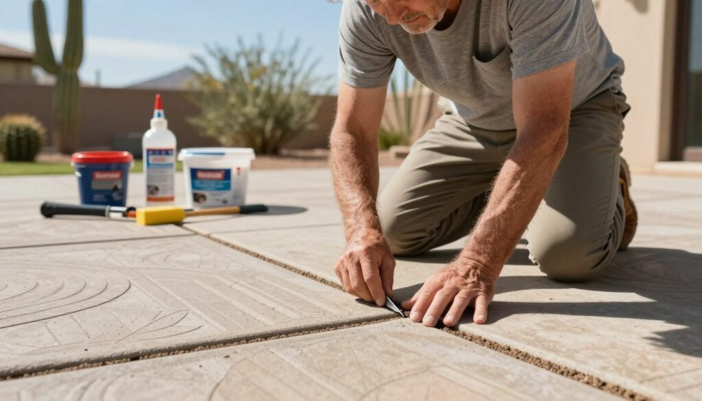 A middle-aged white homeowner wearing modest casual clothing crouches on a beautiful stamped concrete patio, inspecting the joint sand and sealing in a meticulous manner. The foreground captures the homeowner closely, focusing on their hands as they touch the textured surface of the patio. In the middle ground, a variety of tools and containers for sealing materials are neatly arranged to display an organized workspace, while the background features a sunny Arizona landscape with cacti and a clear blue sky that creates a warm, inviting atmosphere. The lighting is bright, casting soft shadows that accentuate the patio's design and texture. The overall mood is one of diligence and care, as the homeowner ensures their patio's longevity in the harsh heat. A middle-aged white homeowner wearing modest casual clothing crouches on a beautiful stamped concrete patio, inspecting the joint sand and sealing in a meticulous manner. The foreground captures the homeowner closely, focusing on their hands as they touch the textured surface of the patio. In the middle ground, a variety of tools and containers for sealing materials are neatly arranged to display an organized workspace, while the background features a sunny Arizona landscape with cacti and a clear blue sky that creates a warm, inviting atmosphere. The lighting is bright, casting soft shadows that accentuate the patio's design and texture. The overall mood is one of diligence and care, as the homeowner ensures their patio's longevity in the harsh heat.
