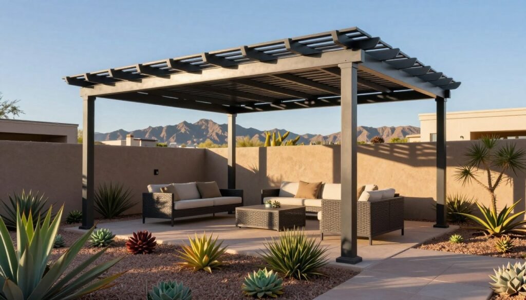 A modern adjustable Mirador pergola kit in a luxurious Scottsdale backyard, showcasing its sleek aluminum structure with louvered roof panels slightly open to let in soft sunlight. In the foreground, vibrant desert plants and succulents line a paved pathway leading to the pergola. The middle ground features an inviting seating area beneath the pergola with stylish outdoor furniture, bathed in warm, dappled light. In the background, a beautiful view of Scottsdale’s mountainous terrain under a clear blue sky enhances the serene atmosphere. The image is captured with a wide-angle lens to emphasize the space, with a warm and inviting mood that reflects upscale outdoor living. A modern adjustable Mirador pergola kit in a luxurious Scottsdale backyard, showcasing its sleek aluminum structure with louvered roof panels slightly open to let in soft sunlight. In the foreground, vibrant desert plants and succulents line a paved pathway leading to the pergola. The middle ground features an inviting seating area beneath the pergola with stylish outdoor furniture, bathed in warm, dappled light. In the background, a beautiful view of Scottsdale’s mountainous terrain under a clear blue sky enhances the serene atmosphere. The image is captured with a wide-angle lens to emphasize the space, with a warm and inviting mood that reflects upscale outdoor living.