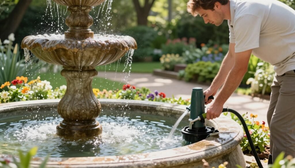 A peaceful garden scene featuring a pump intake being meticulously cleaned beside an elegant stone fountain. In the foreground, a white male dressed in modest casual clothing expertly attends to the pump, using cleaning tools. The middle ground showcases the fountain with gently flowing water, surrounded by vibrant flowers and lush greenery. In the background, soft sunlight filters through the trees, casting dappled shadows on the ground and enhancing the serene atmosphere. The angle captures a close-up view of the cleaning process, emphasizing the details of the pump and fountain while giving a sense of tranquility and care in garden maintenance. The overall mood is calm and inviting, ideal for a serene outdoor setting. A peaceful garden scene featuring a pump intake being meticulously cleaned beside an elegant stone fountain. In the foreground, a white male dressed in modest casual clothing expertly attends to the pump, using cleaning tools. The middle ground showcases the fountain with gently flowing water, surrounded by vibrant flowers and lush greenery. In the background, soft sunlight filters through the trees, casting dappled shadows on the ground and enhancing the serene atmosphere. The angle captures a close-up view of the cleaning process, emphasizing the details of the pump and fountain while giving a sense of tranquility and care in garden maintenance. The overall mood is calm and inviting, ideal for a serene outdoor setting.