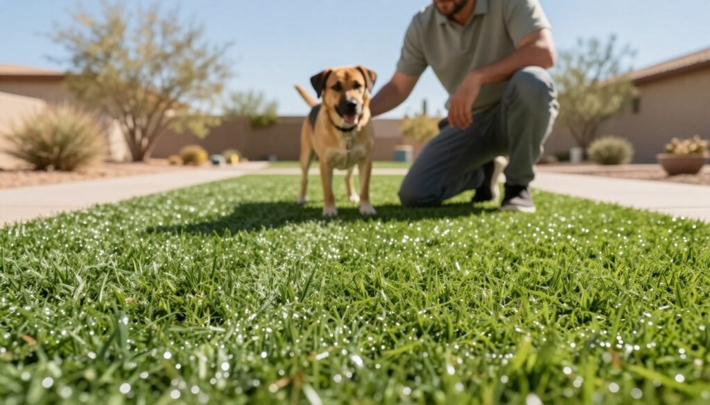 A pristine section of artificial turf, freshly rinsed after solid waste removal, sits at the forefront, showcasing the cleaned, green blades glistening with moisture. In the middle ground, a satisfied dog owner in casual, modest clothing kneels down to inspect the turf, carefully examining its cleanliness. The background features a sunny Arizona landscape, with sparse desert flora and a clear blue sky, enhancing the warm, inviting atmosphere. The lighting is bright and natural, casting soft shadows across the turf. The composition is shot from a low angle, emphasizing the vibrant texture of the turf while capturing the owner's engaged expression. The overall mood reflects satisfaction and freshness, ideal for illustrating effective pet turf maintenance. A pristine section of artificial turf, freshly rinsed after solid waste removal, sits at the forefront, showcasing the cleaned, green blades glistening with moisture. In the middle ground, a satisfied dog owner in casual, modest clothing kneels down to inspect the turf, carefully examining its cleanliness. The background features a sunny Arizona landscape, with sparse desert flora and a clear blue sky, enhancing the warm, inviting atmosphere. The lighting is bright and natural, casting soft shadows across the turf. The composition is shot from a low angle, emphasizing the vibrant texture of the turf while capturing the owner's engaged expression. The overall mood reflects satisfaction and freshness, ideal for illustrating effective pet turf maintenance.