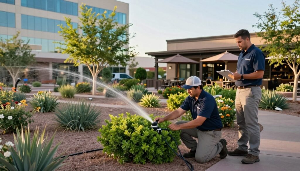 A professional irrigation maintenance crew is inspecting a vibrant commercial landscape in Tempe, Arizona. In the foreground, two crew members, dressed in smart, modest casual clothing, attentively check the irrigation system. One technician kneels beside a green, well-manicured shrub, examining the drip lines, while the other stands nearby holding a clipboard, noting observations. The middle ground features a diverse array of plants, flowers, and small trees, showcasing a thoughtful landscape design. In the background, a modern office building and a restaurant with a patio can be seen, framed by a clear blue sky. The lighting is soft, suggesting morning or late afternoon, enhancing the lush greenery while creating a warm, professional atmosphere. The image conveys diligence in landscape care and the importance of irrigation maintenance.