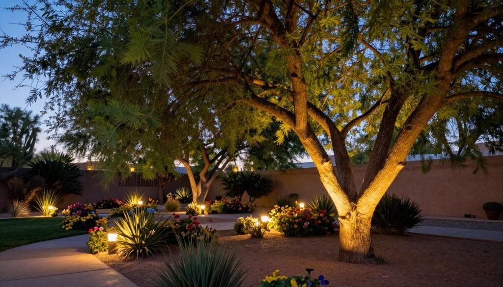 A serene Tempe garden under a twilight sky, featuring a majestic tree with lush, green foliage illuminated by warm accent lighting. In the foreground, soft, golden light glows gently on the tree's trunk, highlighting its textured bark. The middle ground showcases vibrant flower beds, subtly lit by soft path lights that guide the eye. In the background, the faint outline of desert flora can be seen, blending harmoniously with the warm tones of the lighting. The scene captures a tranquil, inviting atmosphere, ideal for outdoor gatherings. The angle is slightly elevated, allowing a panoramic view of the garden while emphasizing the enchanting glow of the lights, creating a cozy, peaceful ambiance. A serene Tempe garden under a twilight sky, featuring a majestic tree with lush, green foliage illuminated by warm accent lighting. In the foreground, soft, golden light glows gently on the tree's trunk, highlighting its textured bark. The middle ground showcases vibrant flower beds, subtly lit by soft path lights that guide the eye. In the background, the faint outline of desert flora can be seen, blending harmoniously with the warm tones of the lighting. The scene captures a tranquil, inviting atmosphere, ideal for outdoor gatherings. The angle is slightly elevated, allowing a panoramic view of the garden while emphasizing the enchanting glow of the lights, creating a cozy, peaceful ambiance.