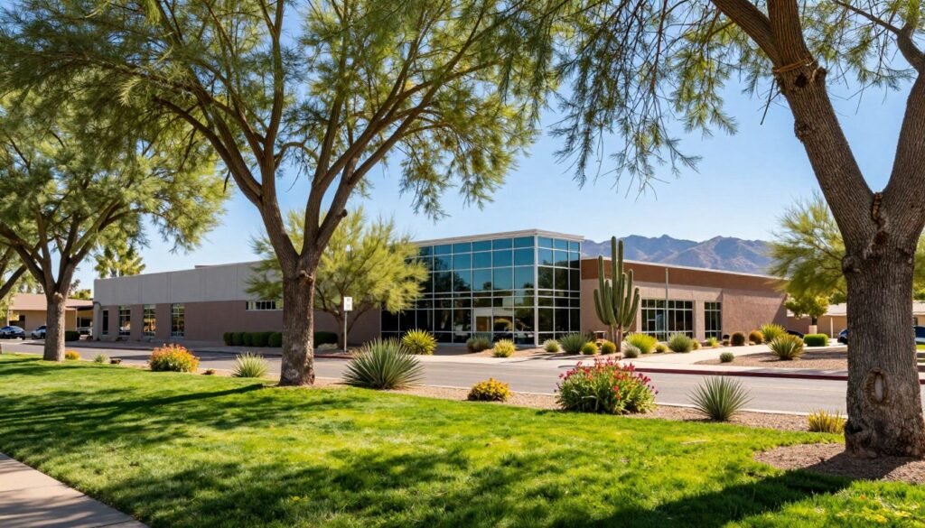 A serene commercial landscape in Arizona featuring prominent Palo Verde trees providing ample shade. In the foreground, vibrant green grass carpets the ground, dotted with colorful desert flowers. The middle ground showcases a well-maintained office building with large glass windows reflecting the bright blue sky. Lush xeriscaping surrounds the structure, with cacti and native shrubs complementing the scene. In the background, distant mountains create a stunning backdrop against a sunny, cloudless sky. The lighting is bright and warm, casting soft shadows under the trees. The atmosphere is tranquil and inviting, ideal for a professional setting, highlighting the balance between nature and commercial design. The scene should feel welcoming and embody the essence of Arizona's beautiful landscapes.