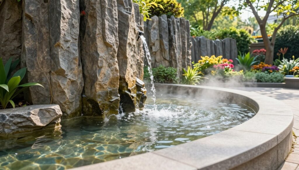 A serene garden scene featuring basalt columns rising elegantly next to a tranquil water feature, with clear, bubbling water flowing gently. In the foreground, smooth stone edging outlines the area, creating a harmonious blend with nature. The middle ground showcases vibrant greenery and colorful blooming flowers, enhancing the picturesque setting. The background features soft sunlight filtering through the leaves, casting gentle shadows. A slight mist rises from the water, adding a magical atmosphere. The composition highlights the natural textures of the basalt and stone, with a focus on rich details and depth. Captured with a wide-angle lens from a low angle to emphasize the columns and water feature, the scene exudes tranquility and serenity, inviting viewers to envision a peaceful outdoor escape. A serene garden scene featuring basalt columns rising elegantly next to a tranquil water feature, with clear, bubbling water flowing gently. In the foreground, smooth stone edging outlines the area, creating a harmonious blend with nature. The middle ground showcases vibrant greenery and colorful blooming flowers, enhancing the picturesque setting. The background features soft sunlight filtering through the leaves, casting gentle shadows. A slight mist rises from the water, adding a magical atmosphere. The composition highlights the natural textures of the basalt and stone, with a focus on rich details and depth. Captured with a wide-angle lens from a low angle to emphasize the columns and water feature, the scene exudes tranquility and serenity, inviting viewers to envision a peaceful outdoor escape.