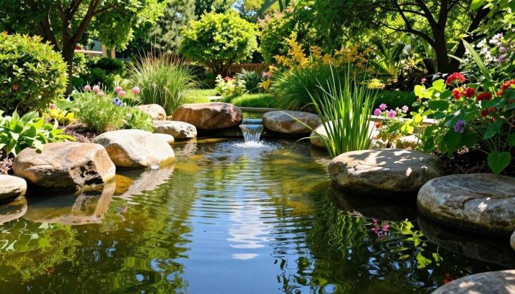 A serene pondless water feature surrounded by lush greenery in the height of summer. In the foreground, a small, gently rippling surface of water reflects the bright blue sky and vibrant sun. The middle ground showcases smooth, rounded stones artfully arranged around the water, with delicate water plants and colorful flowers in bloom nearby, adding splashes of color. In the background, lush trees provide dappled shade, their leaves glistening in the sunlight. The scene is bathed in warm, natural light, emphasizing the tranquil atmosphere. The perspective is slightly elevated to capture the features' intricate details and the overall beauty of the garden setting, evoking a sense of peace and relaxation. A serene pondless water feature surrounded by lush greenery in the height of summer. In the foreground, a small, gently rippling surface of water reflects the bright blue sky and vibrant sun. The middle ground showcases smooth, rounded stones artfully arranged around the water, with delicate water plants and colorful flowers in bloom nearby, adding splashes of color. In the background, lush trees provide dappled shade, their leaves glistening in the sunlight. The scene is bathed in warm, natural light, emphasizing the tranquil atmosphere. The perspective is slightly elevated to capture the features' intricate details and the overall beauty of the garden setting, evoking a sense of peace and relaxation.