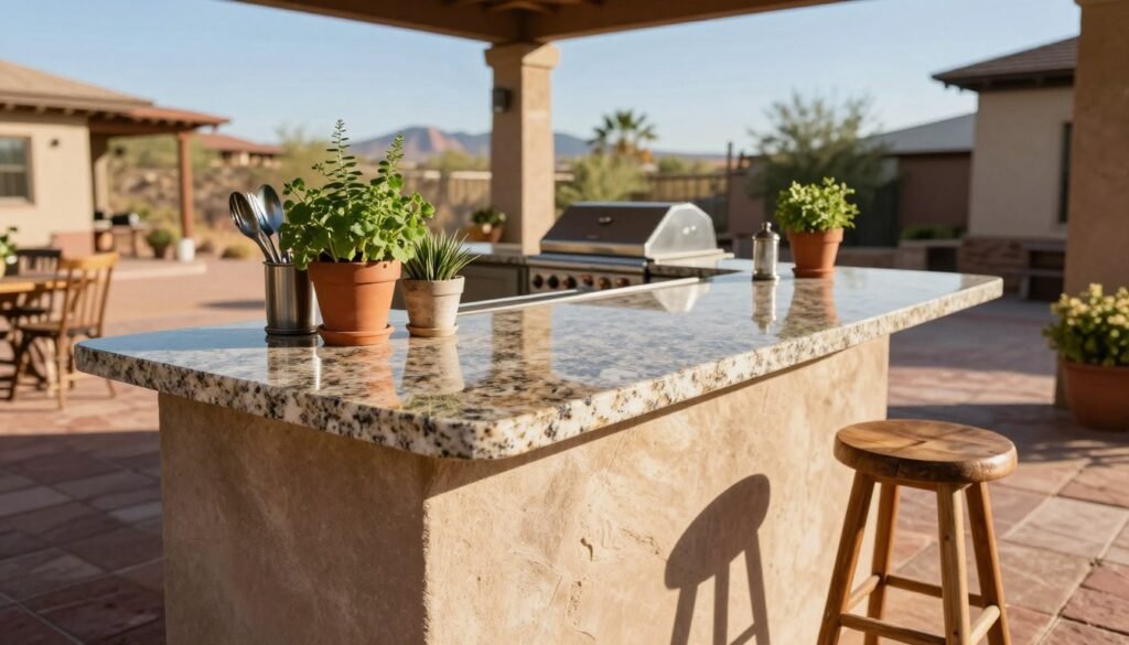 A shaded outdoor kitchen counter crafted from weather-resistant granite, showcasing a smooth, polished surface reflecting the sunlight. In the foreground, the counter is adorned with pristine utensils and vibrant potted herbs, hinting at culinary activity. The middle ground features a rustic wooden bar stool, invitingly positioned beside the counter. The backdrop reveals a dusty Phoenix patio, characterized by red and beige flagstones under a clear blue sky, enhancing the Arizona aesthetic. The scene is illuminated by warm afternoon sunlight casting soft shadows, creating an inviting and relaxed atmosphere. The angle captures both the kitchen counter and the patio beyond, emphasizing the blend of practicality and beauty in outdoor cooking spaces. A shaded outdoor kitchen counter crafted from weather-resistant granite, showcasing a smooth, polished surface reflecting the sunlight. In the foreground, the counter is adorned with pristine utensils and vibrant potted herbs, hinting at culinary activity. The middle ground features a rustic wooden bar stool, invitingly positioned beside the counter. The backdrop reveals a dusty Phoenix patio, characterized by red and beige flagstones under a clear blue sky, enhancing the Arizona aesthetic. The scene is illuminated by warm afternoon sunlight casting soft shadows, creating an inviting and relaxed atmosphere. The angle captures both the kitchen counter and the patio beyond, emphasizing the blend of practicality and beauty in outdoor cooking spaces.