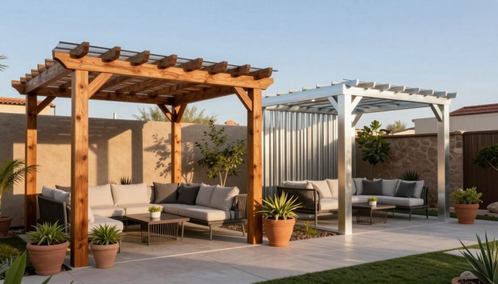 A stylish Scottsdale backyard showcasing two distinct pergolas side by side: one made of rich, textured cedar and the other featuring sleek, modern aluminum. In the foreground, a well-maintained patio area adorned with potted plants and elegant outdoor furniture, inviting for relaxation. The middle ground focuses on the contrast between the warm, natural tones of the cedar pergola and the cool, contemporary metallic sheen of the aluminum structure, both providing shade. The background displays a clear blue sky with soft, diffused sunlight casting gentle shadows for a tranquil ambiance. The scene captures a serene, upscale outdoor living space, emphasizing the aesthetic and functional differences between the two pergola materials, highlighting their respective charm and appeal. A stylish Scottsdale backyard showcasing two distinct pergolas side by side: one made of rich, textured cedar and the other featuring sleek, modern aluminum. In the foreground, a well-maintained patio area adorned with potted plants and elegant outdoor furniture, inviting for relaxation. The middle ground focuses on the contrast between the warm, natural tones of the cedar pergola and the cool, contemporary metallic sheen of the aluminum structure, both providing shade. The background displays a clear blue sky with soft, diffused sunlight casting gentle shadows for a tranquil ambiance. The scene captures a serene, upscale outdoor living space, emphasizing the aesthetic and functional differences between the two pergola materials, highlighting their respective charm and appeal.