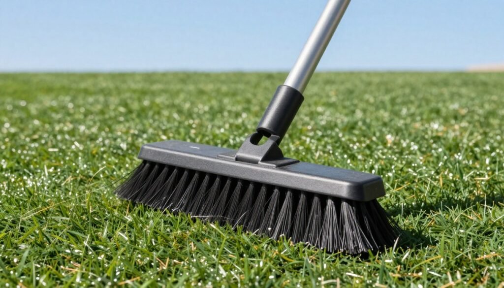 A synthetic-bristle power broom with a robust design is actively lifting artificial turf fibers, showcasing its effectiveness in cleaning. In the foreground, the broom is angled slightly forward, demonstrating its bristles agitating the turf. The middle ground features vibrant green artificial grass, with some lifted fibers slightly illuminated by bright sunlight. A clear blue sky serves as the background, suggesting a warm, arid Arizona day. The scene conveys a sense of meticulous care and efficiency, emphasizing routine maintenance. The lighting is crisp and bright, highlighting the broom's details and the texture of the turf. The image captures a professional and focused atmosphere, ideal for illustrating the importance of proper cleaning techniques. A synthetic-bristle power broom with a robust design is actively lifting artificial turf fibers, showcasing its effectiveness in cleaning. In the foreground, the broom is angled slightly forward, demonstrating its bristles agitating the turf. The middle ground features vibrant green artificial grass, with some lifted fibers slightly illuminated by bright sunlight. A clear blue sky serves as the background, suggesting a warm, arid Arizona day. The scene conveys a sense of meticulous care and efficiency, emphasizing routine maintenance. The lighting is crisp and bright, highlighting the broom's details and the texture of the turf. The image captures a professional and focused atmosphere, ideal for illustrating the importance of proper cleaning techniques.