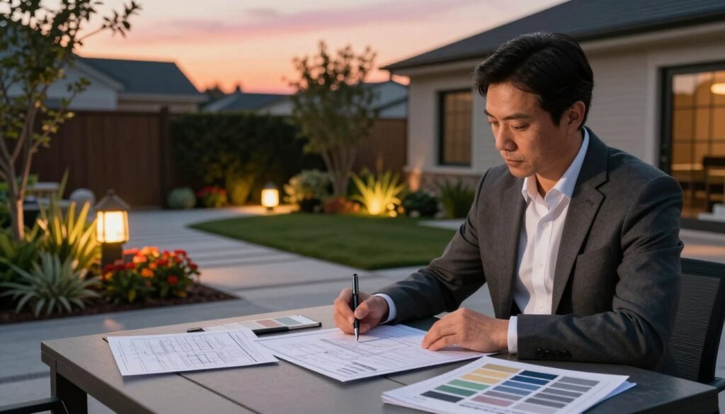 A thoughtful homeowner dressed in professional business attire sits at a sleek outdoor table, reviewing a landscape lighting installation bid with a focused expression. The foreground features the homeowner holding a pen and surrounded by detailed plans and color samples. In the middle ground, a well-designed backyard, illuminated softly by stylish landscape lights, showcases vibrant plants and a stone pathway, creating an inviting atmosphere. The background reveals a warm, late afternoon sky with shades of orange and pink, casting a gentle glow over the scene. The angle captures a slightly elevated view, emphasizing the homeowner's engagement with the bid while highlighting the beautifully lit landscape. The overall mood is one of professionalism, contemplation, and anticipation for enhancing the outdoor space. A thoughtful homeowner dressed in professional business attire sits at a sleek outdoor table, reviewing a landscape lighting installation bid with a focused expression. The foreground features the homeowner holding a pen and surrounded by detailed plans and color samples. In the middle ground, a well-designed backyard, illuminated softly by stylish landscape lights, showcases vibrant plants and a stone pathway, creating an inviting atmosphere. The background reveals a warm, late afternoon sky with shades of orange and pink, casting a gentle glow over the scene. The angle captures a slightly elevated view, emphasizing the homeowner's engagement with the bid while highlighting the beautifully lit landscape. The overall mood is one of professionalism, contemplation, and anticipation for enhancing the outdoor space.