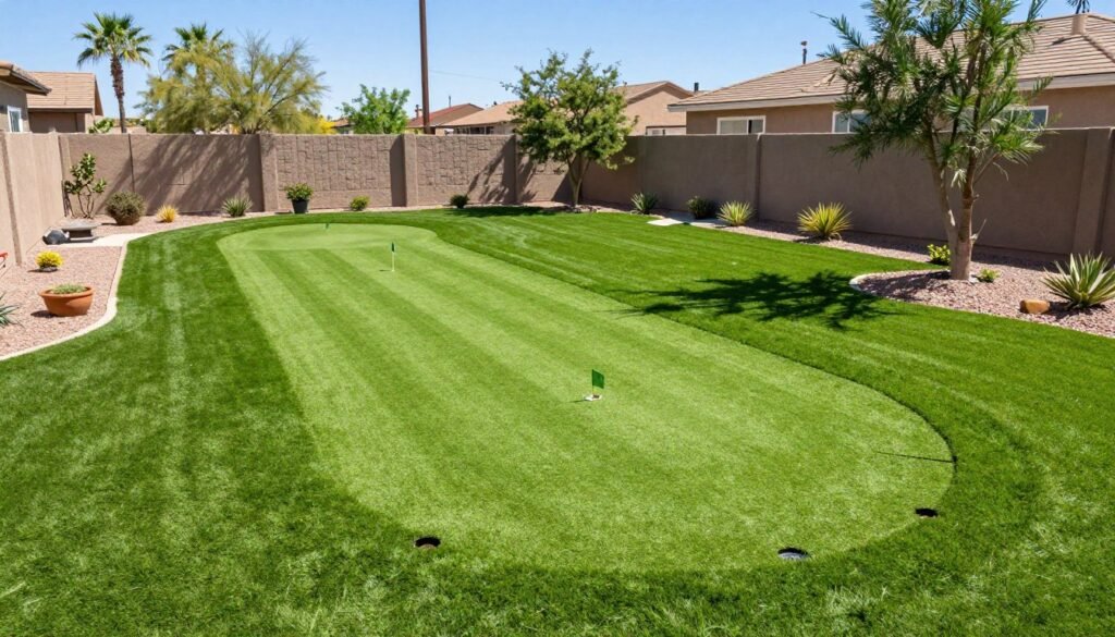 A vibrant backyard putting green designed for personal use, showcasing a meticulously maintained synthetic turf surface in a rich emerald color. In the foreground, multiple cup locations are marked with small flags, indicating potential holes for putting practice. The middle ground features a lush, manicured lawn surrounding the green, along with decorative stones and potted plants to enhance the landscape. In the background, a serene view of a suburban Phoenix neighborhood can be seen under clear blue skies, emphasizing the local residential feel. The atmosphere is bright and inviting, with sunlight creating soft shadows on the turf. The angle is slightly elevated, capturing the entire layout of the putting green and its integration into the backyard space, creating an atmosphere of leisure and enjoyment. A vibrant backyard putting green designed for personal use, showcasing a meticulously maintained synthetic turf surface in a rich emerald color. In the foreground, multiple cup locations are marked with small flags, indicating potential holes for putting practice. The middle ground features a lush, manicured lawn surrounding the green, along with decorative stones and potted plants to enhance the landscape. In the background, a serene view of a suburban Phoenix neighborhood can be seen under clear blue skies, emphasizing the local residential feel. The atmosphere is bright and inviting, with sunlight creating soft shadows on the turf. The angle is slightly elevated, capturing the entire layout of the putting green and its integration into the backyard space, creating an atmosphere of leisure and enjoyment.