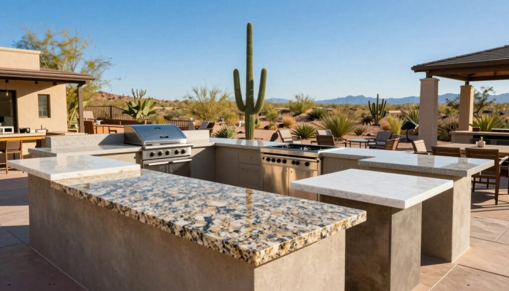 A vibrant outdoor kitchen scene set against a bright blue Arizona sky. In the foreground, a variety of countertop samples showcase different materials like granite, quartz, and concrete, displayed on sleek, modern pedestals. Each countertop is illuminated by the warm sunlight, highlighting unique textures and colors that reflect the durability needed for Arizona's climate. In the middle ground, a beautifully designed outdoor kitchen area features stainless steel appliances and elegant seating arrangements. The background shows a lush desert landscape with cacti and native plants, enhancing the outdoor setting. The scene is warm and inviting, evoking a sense of relaxation and the joy of outdoor cooking in a sunny environment. The composition is balanced, with a slight tilt to capture depth and perspective. A vibrant outdoor kitchen scene set against a bright blue Arizona sky. In the foreground, a variety of countertop samples showcase different materials like granite, quartz, and concrete, displayed on sleek, modern pedestals. Each countertop is illuminated by the warm sunlight, highlighting unique textures and colors that reflect the durability needed for Arizona's climate. In the middle ground, a beautifully designed outdoor kitchen area features stainless steel appliances and elegant seating arrangements. The background shows a lush desert landscape with cacti and native plants, enhancing the outdoor setting. The scene is warm and inviting, evoking a sense of relaxation and the joy of outdoor cooking in a sunny environment. The composition is balanced, with a slight tilt to capture depth and perspective.