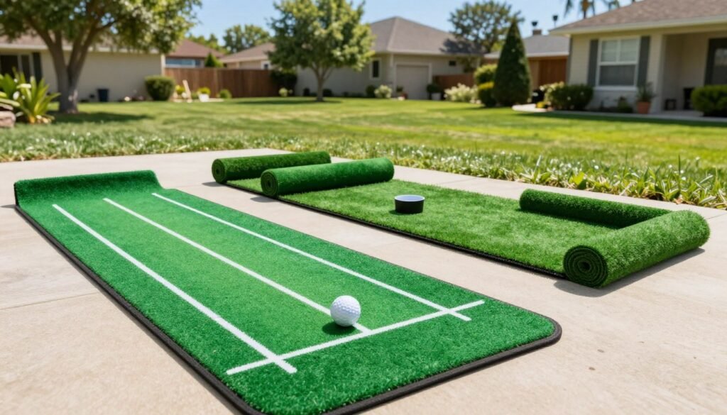 A vivid and detailed scene featuring an indoor putting mat placed beside an outdoor DIY putting green kit. In the foreground, the indoor mat displays a vibrant green surface with clearly marked putting lines and a small golf ball positioned on it. In the middle, the DIY putting green kit is spread across a sunlit backyard, complete with neatly arranged turf rolls and a cup. The backdrop showcases a suburban setting with a well-maintained lawn, trees, and a clear blue sky, adding depth to the image. The lighting is bright and natural, emphasizing the contrast between the indoor and outdoor spaces. The mood is energetic and inviting, illustrating the ideal setup for golf enthusiasts looking to practice at home. A vivid and detailed scene featuring an indoor putting mat placed beside an outdoor DIY putting green kit. In the foreground, the indoor mat displays a vibrant green surface with clearly marked putting lines and a small golf ball positioned on it. In the middle, the DIY putting green kit is spread across a sunlit backyard, complete with neatly arranged turf rolls and a cup. The backdrop showcases a suburban setting with a well-maintained lawn, trees, and a clear blue sky, adding depth to the image. The lighting is bright and natural, emphasizing the contrast between the indoor and outdoor spaces. The mood is energetic and inviting, illustrating the ideal setup for golf enthusiasts looking to practice at home.