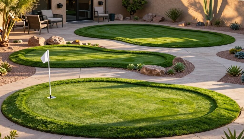 A vivid representation of three distinct putting green layouts in a sunny Phoenix backyard setting. In the foreground, a small putting green with vibrant green turf, featuring a sleek hole and clean white flag. In the middle ground, a medium-sized layout incorporating gentle curves and decorative rocks, showcasing a sun-drenched area with succulents nearby. In the background, a large, expansive putting green surrounded by a stylish patio, complete with outdoor furniture and desert plants casting soft shadows. The scene is bathed in warm, golden sunlight highlighting textures and colors, captured from a slightly elevated angle to showcase all three layouts. The atmosphere is inviting and serene, embodying a perfect Phoenix day for outdoor leisure. A vivid representation of three distinct putting green layouts in a sunny Phoenix backyard setting. In the foreground, a small putting green with vibrant green turf, featuring a sleek hole and clean white flag. In the middle ground, a medium-sized layout incorporating gentle curves and decorative rocks, showcasing a sun-drenched area with succulents nearby. In the background, a large, expansive putting green surrounded by a stylish patio, complete with outdoor furniture and desert plants casting soft shadows. The scene is bathed in warm, golden sunlight highlighting textures and colors, captured from a slightly elevated angle to showcase all three layouts. The atmosphere is inviting and serene, embodying a perfect Phoenix day for outdoor leisure.