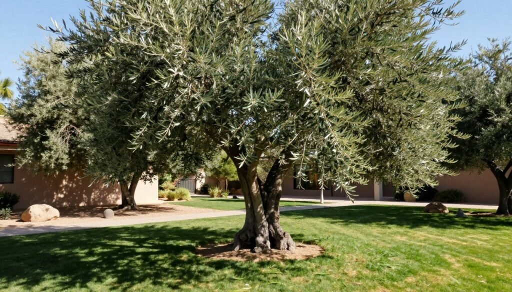 An evergreen, fruitless olive tree stands gracefully in a Tempe yard, its broad canopy casting a generous shade on the sunlit ground. The foreground features lush, green grass, invitingly soft underfoot, while a few scattered rocks add a natural touch. In the middle ground, the olive tree's gnarled branches stretch outward, adorned with slender leaves that shimmer in the gentle breeze. The background displays a clear blue sky, hinting at a warm, sunny day typical of Tempe. The light filters through the leaves, creating dappled patterns on the lawn below, evoking a tranquil and serene atmosphere. The composition captures the elegance and utility of the olive tree as a perfect shade provider for sunny outdoor spaces. An evergreen, fruitless olive tree stands gracefully in a Tempe yard, its broad canopy casting a generous shade on the sunlit ground. The foreground features lush, green grass, invitingly soft underfoot, while a few scattered rocks add a natural touch. In the middle ground, the olive tree's gnarled branches stretch outward, adorned with slender leaves that shimmer in the gentle breeze. The background displays a clear blue sky, hinting at a warm, sunny day typical of Tempe. The light filters through the leaves, creating dappled patterns on the lawn below, evoking a tranquil and serene atmosphere. The composition captures the elegance and utility of the olive tree as a perfect shade provider for sunny outdoor spaces.