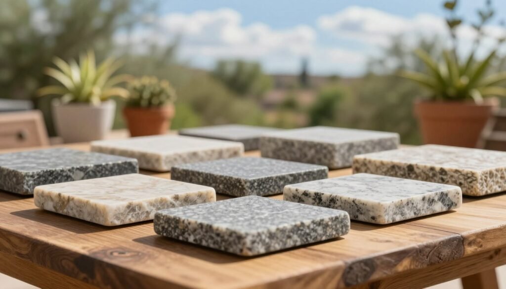Granite and quartzite stone samples arranged elegantly on a handcrafted wooden table, ideal for outdoor kitchen countertops. The foreground focuses on smooth, polished stones in varying shades of gray, beige, and earthy tones, showcasing their unique textures and veining patterns. In the middle ground, blurred greenery and sun-drenched potted plants create a refreshing backdrop, invoking a serene outdoor setting. The background features a bright blue sky with fluffy white clouds, emphasizing a sunny day in Arizona. Soft, natural lighting brings out the brilliance and intricacies of the stone surfaces, captured with a macro lens at eye level. The mood is inviting and serene, perfect for showcasing durable materials meant to withstand harsh outdoor conditions. No captions, logos, or text overlays included. Granite and quartzite stone samples arranged elegantly on a handcrafted wooden table, ideal for outdoor kitchen countertops. The foreground focuses on smooth, polished stones in varying shades of gray, beige, and earthy tones, showcasing their unique textures and veining patterns. In the middle ground, blurred greenery and sun-drenched potted plants create a refreshing backdrop, invoking a serene outdoor setting. The background features a bright blue sky with fluffy white clouds, emphasizing a sunny day in Arizona. Soft, natural lighting brings out the brilliance and intricacies of the stone surfaces, captured with a macro lens at eye level. The mood is inviting and serene, perfect for showcasing durable materials meant to withstand harsh outdoor conditions. No captions, logos, or text overlays included.