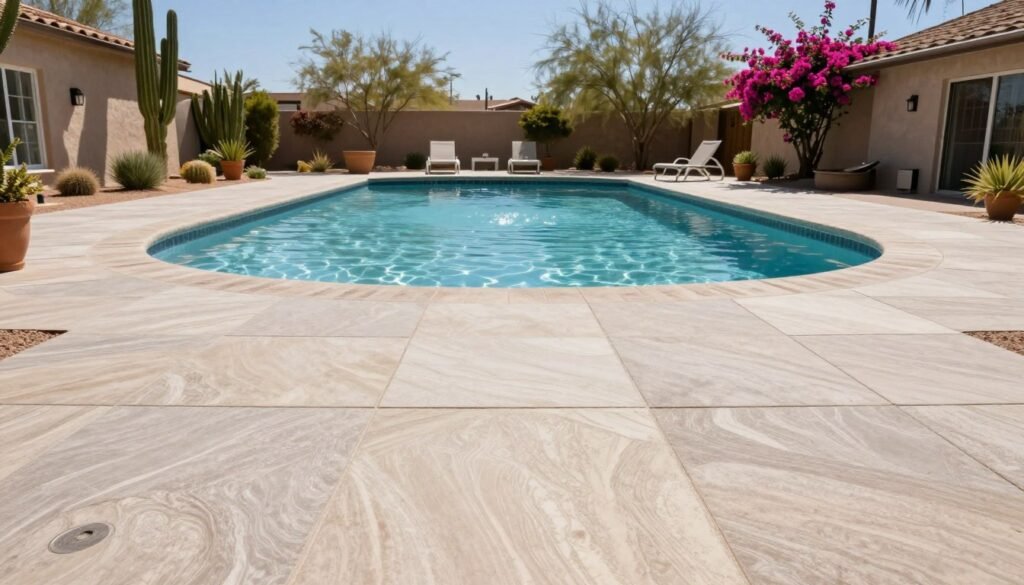Light pavers arranged meticulously around a sparkling sunny pool deck in Arizona, with glistening water reflecting the bright blue sky. In the foreground, the smooth light pavers exhibit subtle textures, showcasing their durability against the intense heat. The middle ground features the inviting pool, shimmering with crystalline clarity, surrounded by desert landscaping including cacti and vibrant bougainvillea. In the background, a clear sunlit sky adds warmth to the scene, casting soft shadows on the patio. The overall atmosphere feels refreshing and serene, suggesting a perfect oasis for relaxation. The scene should be captured with a wide-angle lens to emphasize the spaciousness of the patio and pool area, with bright natural lighting that enhances the color and texture of the surfaces. Light pavers arranged meticulously around a sparkling sunny pool deck in Arizona, with glistening water reflecting the bright blue sky. In the foreground, the smooth light pavers exhibit subtle textures, showcasing their durability against the intense heat. The middle ground features the inviting pool, shimmering with crystalline clarity, surrounded by desert landscaping including cacti and vibrant bougainvillea. In the background, a clear sunlit sky adds warmth to the scene, casting soft shadows on the patio. The overall atmosphere feels refreshing and serene, suggesting a perfect oasis for relaxation. The scene should be captured with a wide-angle lens to emphasize the spaciousness of the patio and pool area, with bright natural lighting that enhances the color and texture of the surfaces.