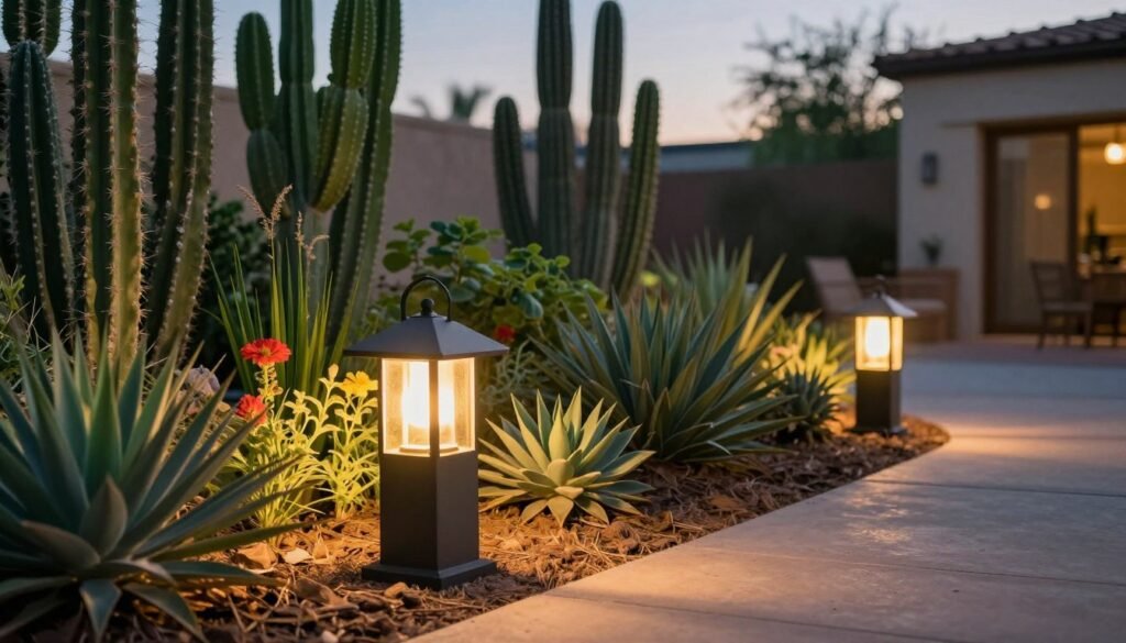 Outdoor lighting fixtures elegantly placed beside a lush Tempe planting bed, showcasing a variety of desert plants like cacti and succulents, lush greens with vibrant flowers. The foreground features contemporary lantern-style lights casting a warm, inviting glow on the plants. In the middle ground, a well-mulched planting bed adds texture, and soft shadows dance across the ground. The background reveals a serene residential patio setting, with soft evening light blending into the twilight sky. The angle captures the fixtures at eye level, highlighting their sleek design against the flora. The overall mood is peaceful and welcoming, evoking a sense of outdoor tranquility perfect for entertaining or quiet reflection. Outdoor lighting fixtures elegantly placed beside a lush Tempe planting bed, showcasing a variety of desert plants like cacti and succulents, lush greens with vibrant flowers. The foreground features contemporary lantern-style lights casting a warm, inviting glow on the plants. In the middle ground, a well-mulched planting bed adds texture, and soft shadows dance across the ground. The background reveals a serene residential patio setting, with soft evening light blending into the twilight sky. The angle captures the fixtures at eye level, highlighting their sleek design against the flora. The overall mood is peaceful and welcoming, evoking a sense of outdoor tranquility perfect for entertaining or quiet reflection.