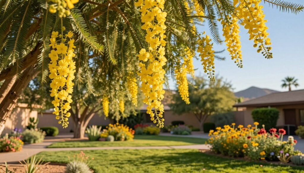 Vibrant Palo verde flowers in full bloom, cascading above a lush Tempe yard, bathed in the warm golden glow of midday sun. In the foreground, delicate yellow blossoms hang gracefully from the branches of a thriving Palo verde tree, their vivid color contrasting beautifully against the rich green foliage. The middle ground features a well-maintained lawn, dotted with patches of colorful desert wildflowers, creating a harmonious blend of textures. In the background, the sun-drenched landscape of Tempe shows clear blue skies and distant desert hills, enhancing the serene atmosphere. Capture this scene with a soft focus lens angle that emphasizes the flowers while allowing the vibrant yard and clear sky to unfold in peaceful depth. The mood is warm, inviting, and joyful, embodying the essence of a sunlit day in the desert. Vibrant Palo verde flowers in full bloom, cascading above a lush Tempe yard, bathed in the warm golden glow of midday sun. In the foreground, delicate yellow blossoms hang gracefully from the branches of a thriving Palo verde tree, their vivid color contrasting beautifully against the rich green foliage. The middle ground features a well-maintained lawn, dotted with patches of colorful desert wildflowers, creating a harmonious blend of textures. In the background, the sun-drenched landscape of Tempe shows clear blue skies and distant desert hills, enhancing the serene atmosphere. Capture this scene with a soft focus lens angle that emphasizes the flowers while allowing the vibrant yard and clear sky to unfold in peaceful depth. The mood is warm, inviting, and joyful, embodying the essence of a sunlit day in the desert.