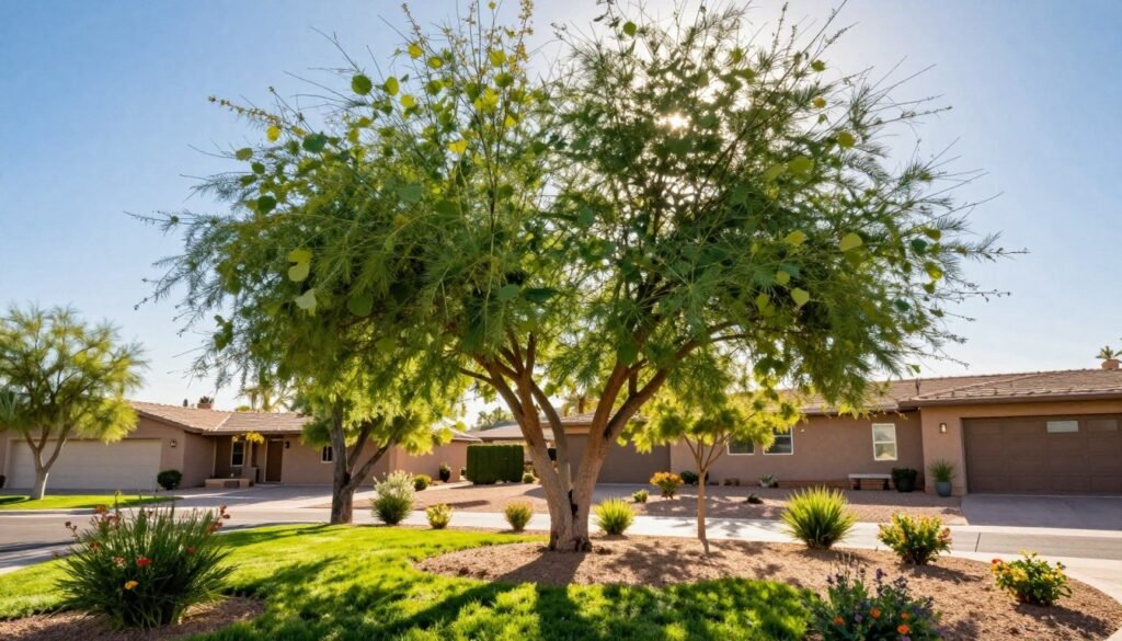 Young, fast-growing shade trees standing tall beside a well-maintained Phoenix yard, showcasing vibrant green leaves under the warm Arizona sun. In the foreground, lush grass and small flowering plants add color and life. The middle ground features the trees, their trunks sturdy and healthy, casting pleasing shadows on the ground. In the background, a typical Southwestern home blends with desert landscaping, with a clear blue sky overhead and the sun positioned low, creating soft, diffused lighting. The scene captures a serene, inviting atmosphere, highlighting the promise of shade and comfort these trees provide against the backdrop of a vibrant suburban neighborhood. Young, fast-growing shade trees standing tall beside a well-maintained Phoenix yard, showcasing vibrant green leaves under the warm Arizona sun. In the foreground, lush grass and small flowering plants add color and life. The middle ground features the trees, their trunks sturdy and healthy, casting pleasing shadows on the ground. In the background, a typical Southwestern home blends with desert landscaping, with a clear blue sky overhead and the sun positioned low, creating soft, diffused lighting. The scene captures a serene, inviting atmosphere, highlighting the promise of shade and comfort these trees provide against the backdrop of a vibrant suburban neighborhood.