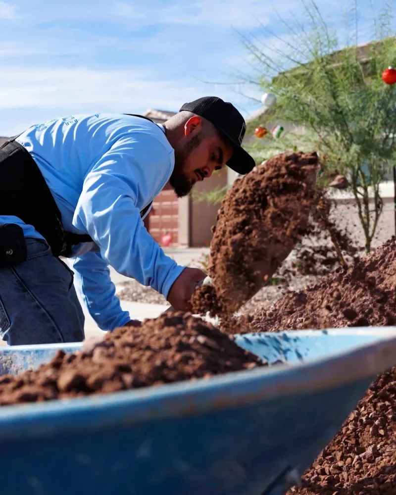 Team+member+moving+wheelbarrow+during+backyard+landscape+design+project+in+Gilbert,+AZ